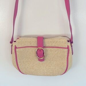 TALBOTS tan crossbody bag with adjustable pink leather strap,